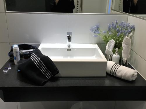a bathroom with a sink and a black counter at Haus Tirolerland in Oetz