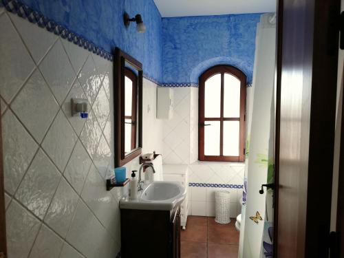 a bathroom with a sink and a blue ceiling at Chalet Alavesa - Lagunas de Ruidera in Argamasilla de Alba