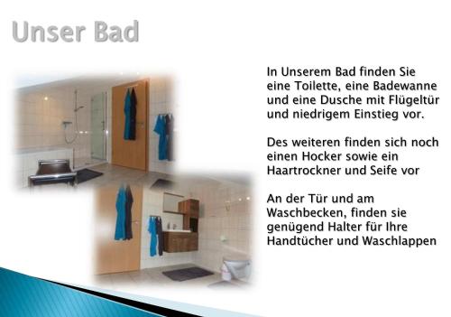 een flyer van een badkamer met een toilet in een kamer bij Ferienwohnung Müller in Kaisheim