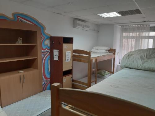 a bedroom with a bed and a desk at Art Hostel in Lviv