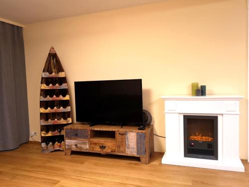 a living room with a television and a fireplace at Family Suites & Parking in Baden-Baden