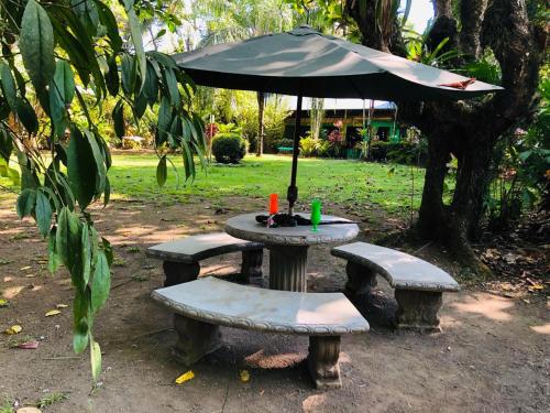a picnic table with two benches and an umbrella at Chosa Manglar Suites & Cabins in Puerto Jiménez