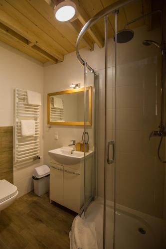 a bathroom with a sink and a glass shower at Villa 1 in Wisła