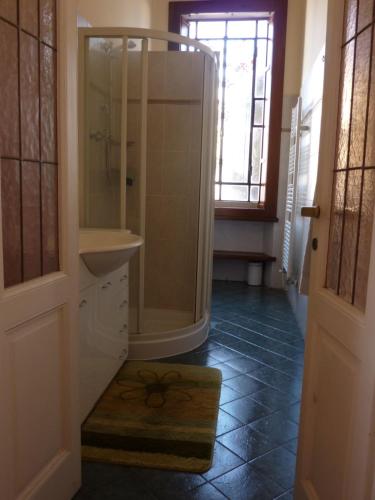y baño con ducha y lavamanos. en Casa Raffaello, en Castelletto sopra Ticino