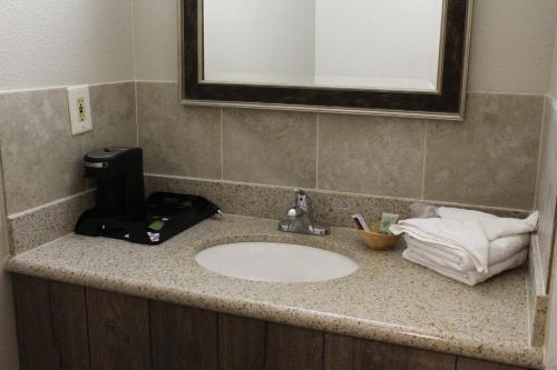 a bathroom counter with a sink with a hair dryer on it at Regency Inn in Rolla