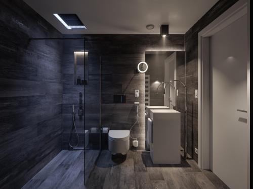 a bathroom with a shower and a toilet and a sink at Le Bijou Lintheschergasse / Zurich HB in Zürich
