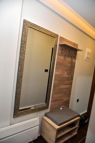 a mirror on the wall of a bathroom at Apartman Sladjana Premier 12 Milmari in Kopaonik