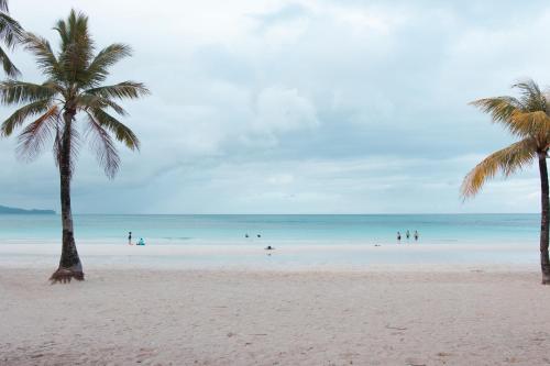 a beach with palm trees and people in the water at Boracay Mandarin Island Hotel in Boracay