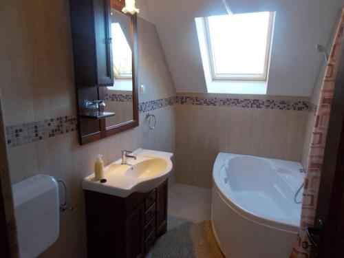 een badkamer met een wastafel, een spiegel en een bad bij Pensiunea Jazmin in Zetea