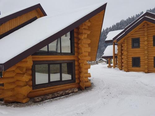 a log cabin with snow on the roof at Зимова казка in Tatariv