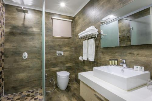 a bathroom with a sink and a toilet and a mirror at Fallsway Suites in Lusaka