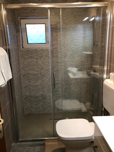 a bathroom with a shower with a toilet and a television at Apartments Valentino in Rab