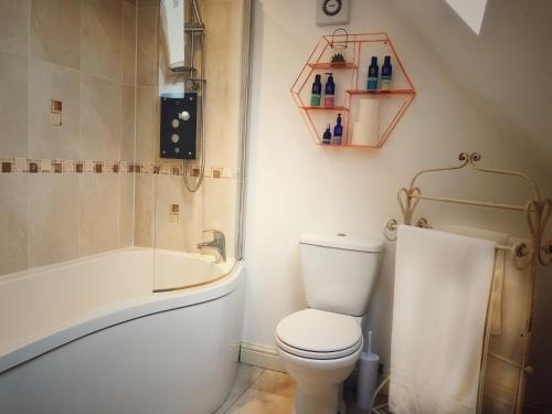 a bathroom with a toilet and a tub and a sink at The Loft at Peake’s retreats in Needwood