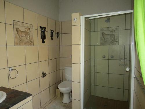 a bathroom with a toilet and a shower and a sink at Bellamia in Marloth Park