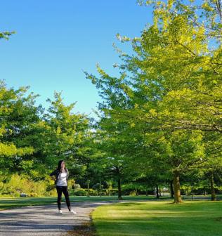 a woman walking on a path in a park at Chester Oaks B&B in West Melton