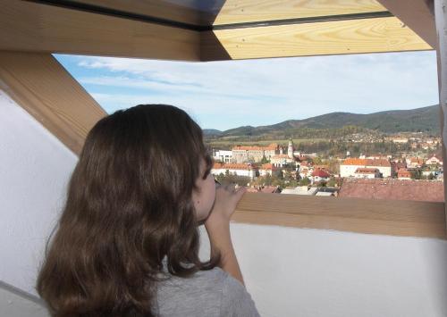 a woman looking out of a window at a city at Apartmán Castle view in Český Krumlov