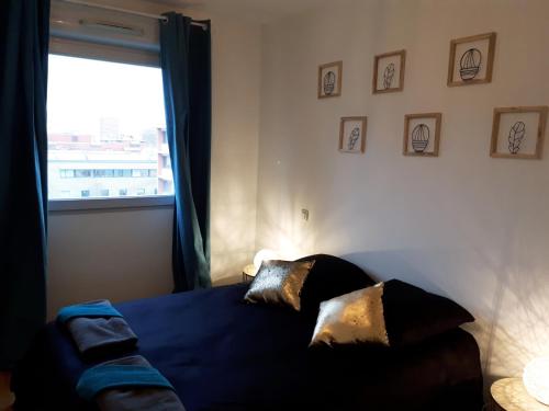 ein Schlafzimmer mit einem Bett mit zwei Kissen und einem Fenster in der Unterkunft Le Venise - Gare Matabiau - T3 - avec Parking Privé in Toulouse