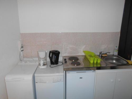 a small kitchen with a counter and a sink at La cour des meuniers - le Froment et l'Epeautre in Kaysersberg