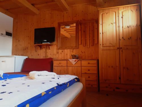 1 dormitorio con 1 cama y TV en una cabaña en Chata Patrícia, en Liptovský Michal