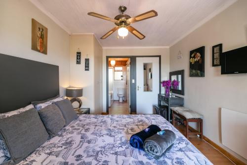 a bedroom with a bed and a ceiling fan at Stellata - inverter for guests' comfort in Knysna