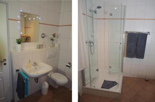two pictures of a bathroom with a shower and a sink at An´t Möhlen in Carolinensiel