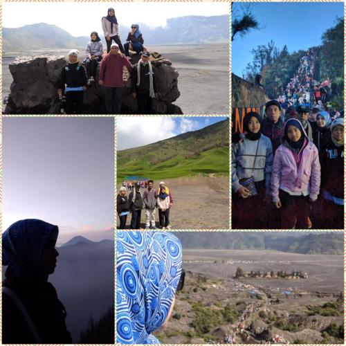 a collage of photos of people standing and standing at Budhis Home in Bromo