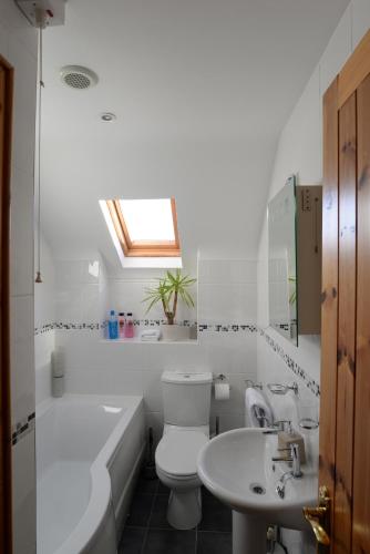 a white bathroom with a toilet and a sink at Shamrock Cottage in Aghnablaney