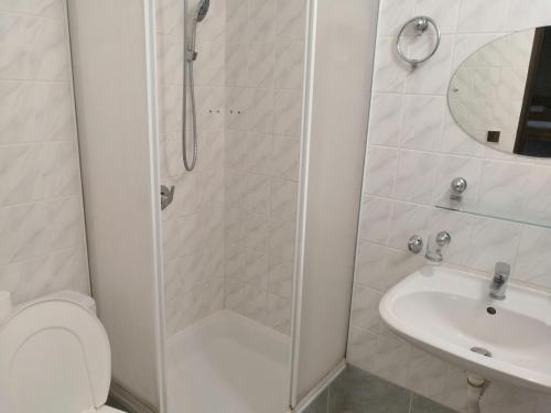 a bathroom with a shower and a toilet and a sink at Penzion u lípy in Jestřebí