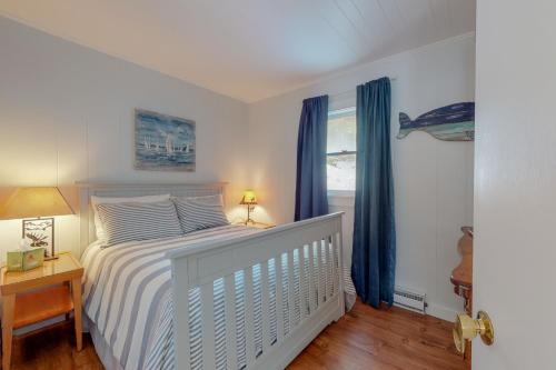 1 dormitorio con 1 cama y una ventana con cortinas azules en Toddy Pond Jack, en Orland
