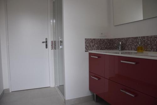 a kitchen with red cabinets and a sink at Gîte Fassardy in Châteauroux