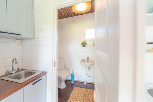 uma pequena casa de banho com lavatório e WC em Cozy Summerhouse in Nasva em Nasva