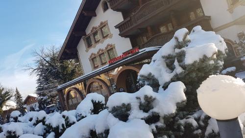 a snow covered tree in front of a building at Hotel Tyrolis in Zirl
