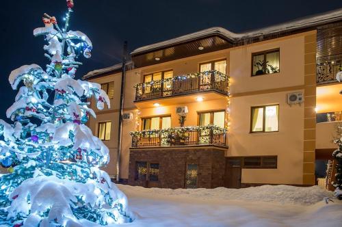 a snow covered christmas tree in front of a building at Adele in Mizhhirʼʼya
