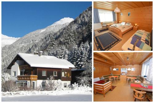 two pictures of a log cabin with a mountain at Haus Rudigier by Châtel Reizen in Sankt Gallenkirch