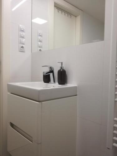a white bathroom with a sink and a mirror at Malý útulný byt V Lipkách in Hradec Králové