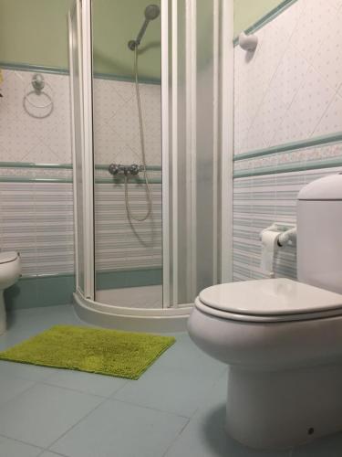 a bathroom with a toilet and a shower at Cortijo Los Garridos - 8 huéspedes in Fernán Pérez