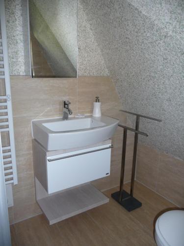 a bathroom with a sink and a toilet at Finnhütte Amelie in Gager