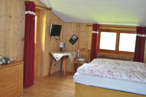 a bedroom with a bed and a tv and a window at Hotel Flora Alpina in Gressoney-Saint-Jean