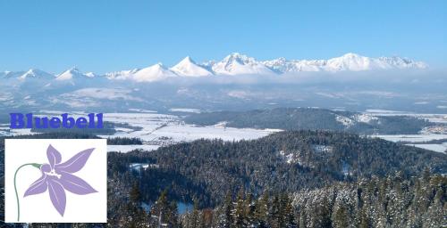 a sign on top of a mountain with snow covered mountains at Bluebell in Mengusovce