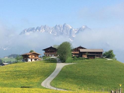 a winding road on a hill with a mountain at Hof Hintererb in Kitzbühel