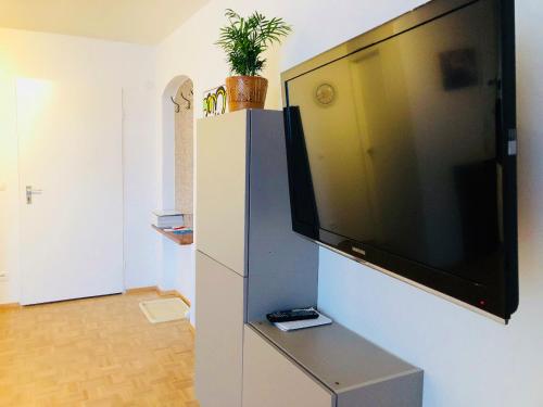 einen großen Flachbild-TV, der an einer Wand hängt in der Unterkunft Family Apartment Alpine Living 2-4 Persons in Radstadt