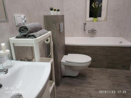 W łazience znajduje się toaleta, wanna i umywalka. w obiekcie Apartament Sofia Agroturystyka w mieście Ryczów