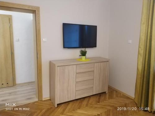 a television on top of a dresser in a room at Apartament Sofia Agroturystyka in Ryczów