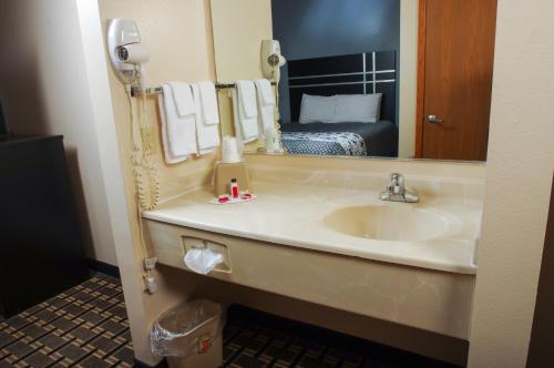 a bathroom with a sink and a mirror at DUTCH INN AND SUITES in Orange City