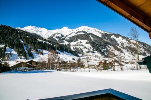 a view of a snow covered mountain from a ski lodge at Appartement Alpenliebe in Rauris