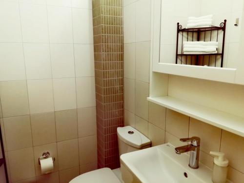 a small bathroom with a toilet and a sink at Goldfish Seaside Luxury Houses in Kómi