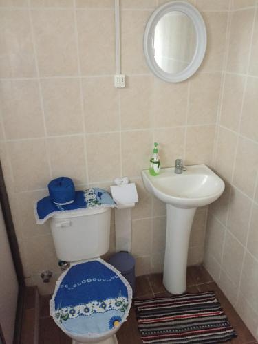 a small bathroom with a toilet and a sink at Cabaña don Lalo Pitrufquen in Pitrufquén