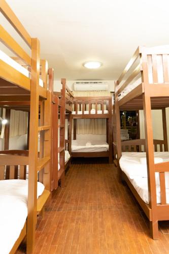 a group of bunk beds in a room at Past Tense Hostel in Chiang Mai