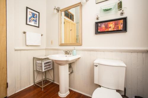 a bathroom with a toilet and a sink and a mirror at Creole Cottage Uptown in New Orleans