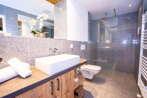 a bathroom with a sink and a toilet and a shower at Appartement Tirolia Leutasch in Leutasch